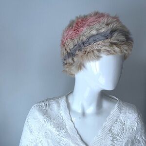 Vintage Multicolor Rabbit Fur Hat Pastel Pink Cream Grey Luxe Winter Statement